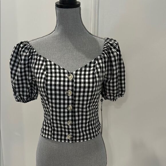 Black and White Puff Sleeve Cropped Blouse - Picture 1 of 7